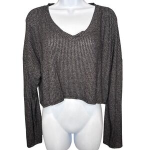 Joah Brown Womens Gray Ribbed Cropped Long Sleeve Sweater One Size Excellent